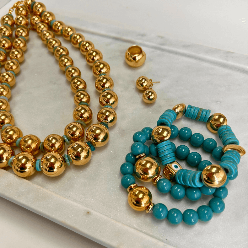 Collar de Pellets bañados en Oro 18k y Piedras Turquesas, Gold Stones and Turquoise Necklaces 18k Gold Plated