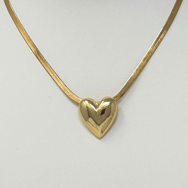 Flat Gold Heart Herringbone Choker Necklace, Gargantilla Plana de Oro con Dije de Corazón en Espiga